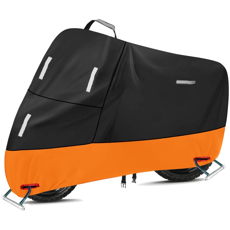 SECELES Motorcycle Covers Waterproof Outdoor Storage All Season UV-Resistant Funda para Moto for Honda Kawasaki Z900 RS Yamaha V-Star R3 R7, Windproof Buckles (XXL 86"" x 37"" x 50"", Black & Orange) - Image 1
